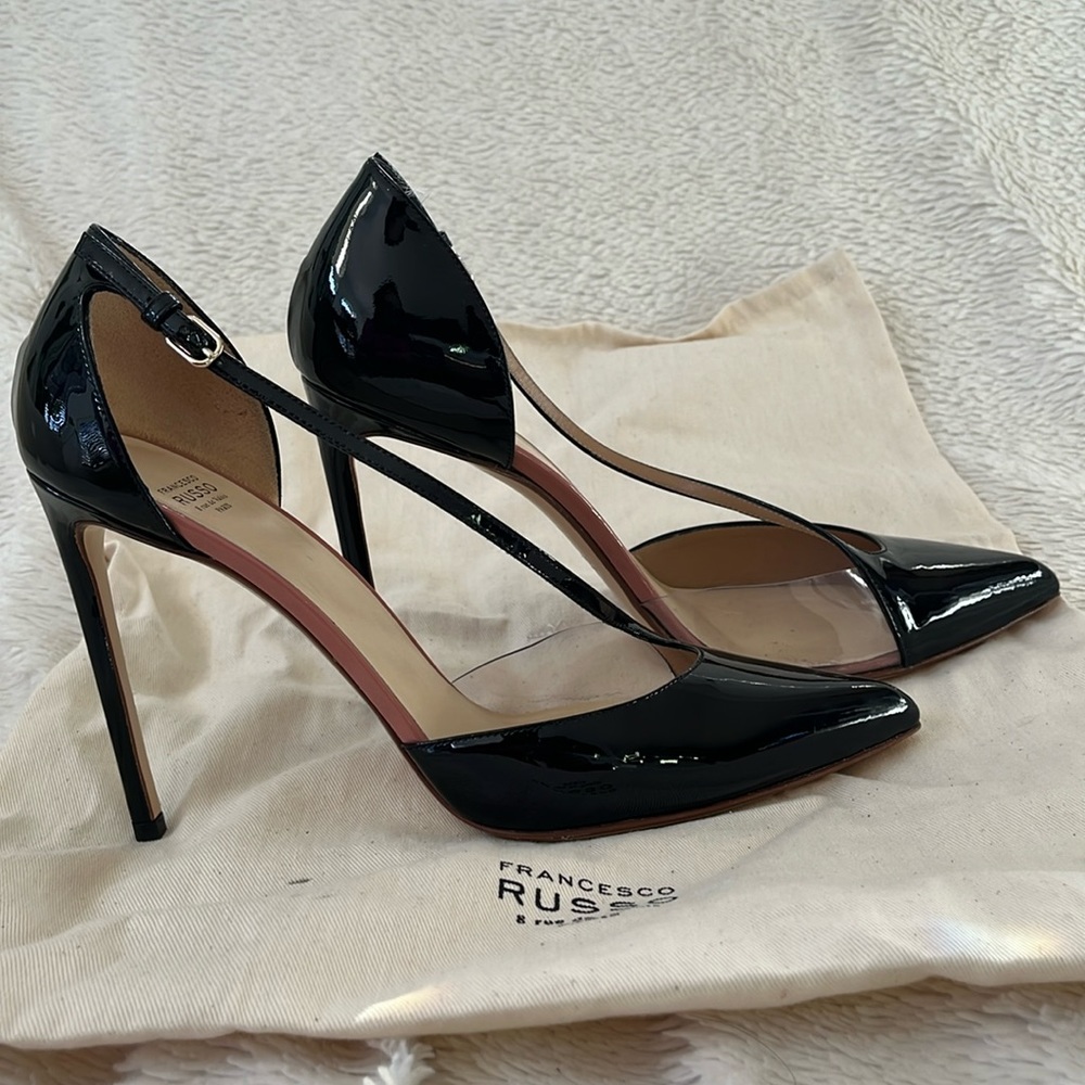Stunning Francesco Russo high heel pumps. Black patent, size 39 LIKE NEW